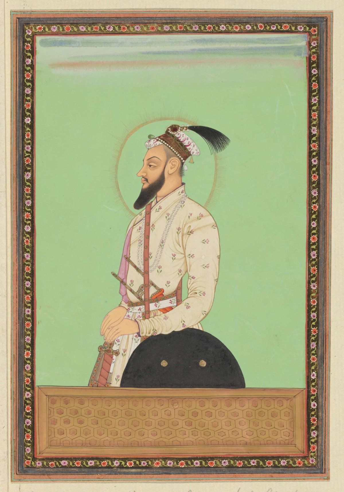Portrait of Shah Alam, son of Aurangzeb who was born after Sultanji; he was first governor (subagar) of Deccan; having then gone to war against Sambaji, the son of Sivaji, he has now turned against Sultan Abu'l-Hasan and is at war with him, anonymous, c. 1686