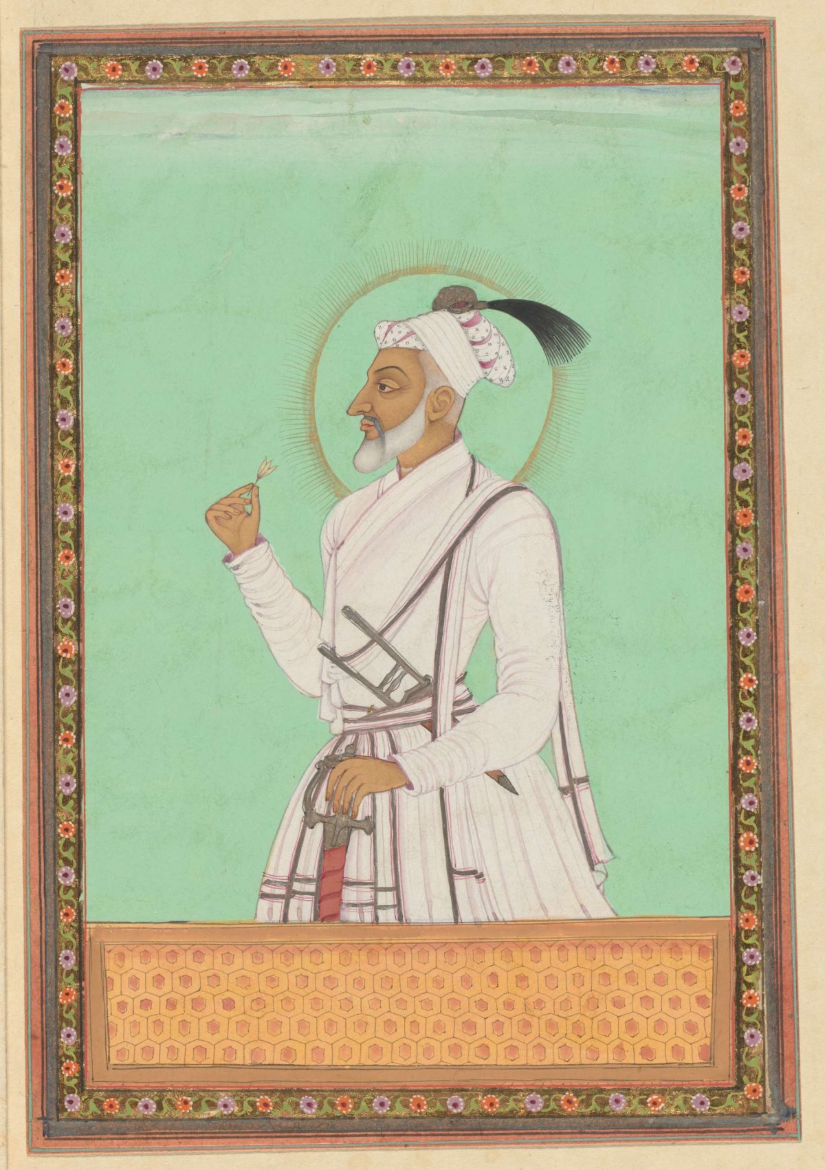 Portrait of Aurangzeb, youngest son of Shah Jahan, who ruled Deccan province in his father's time, and after his father's death ruled all of Delhi after killing all three of his brothers., anonymous, c. 1686