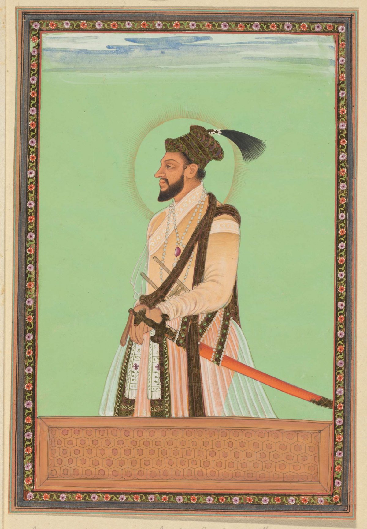 Portrait of Shuja, the son of Shah Jahan, who was born after Dara Shikoh and ruled Bengal in his father's time; after his father's death, Aurangzeb killed him and took possession of Bengal., anonymous, c. 1686