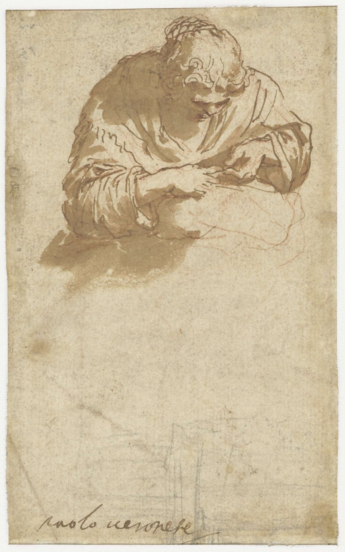 Manual (?) woman and architectural scribbles, anonymous, 1500 - 1599