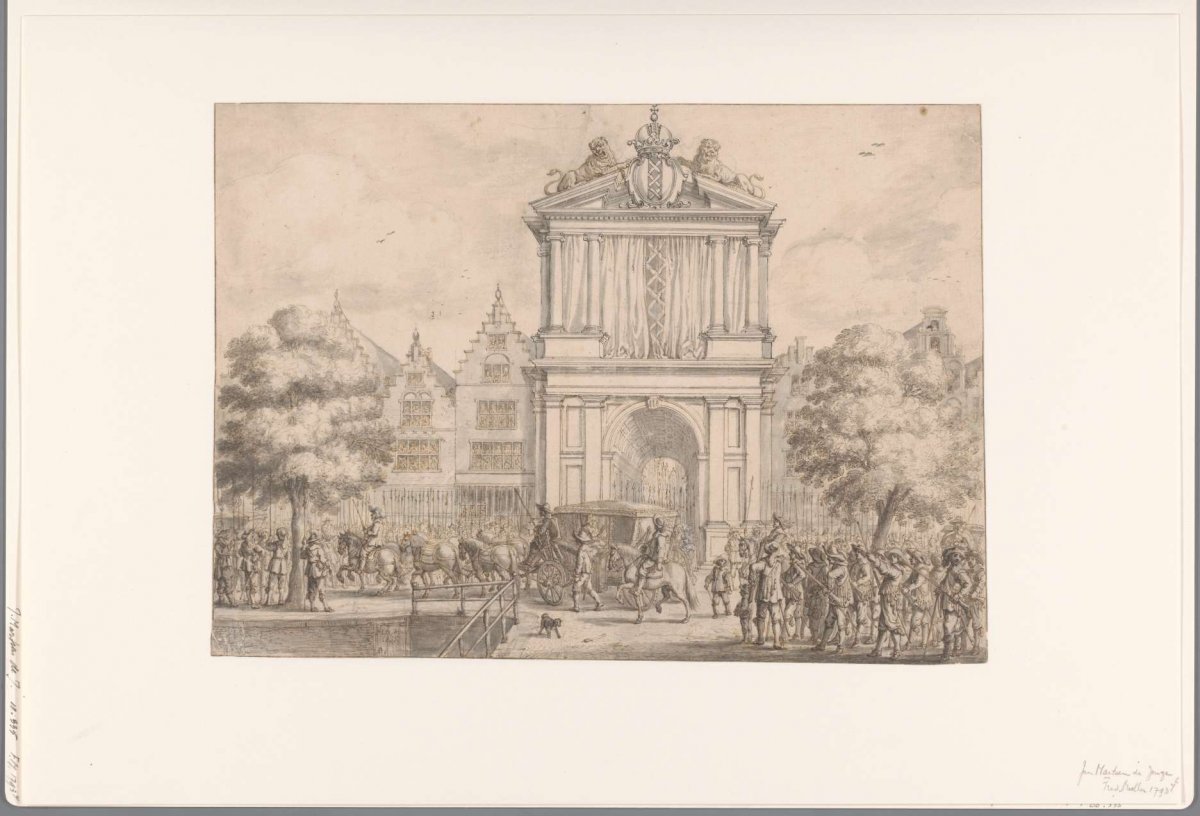 Arrival of procession with Maria de' Medici at the triumphal gate on the Pig Lock, 1638, Jan Martszen de Jonge, 1638