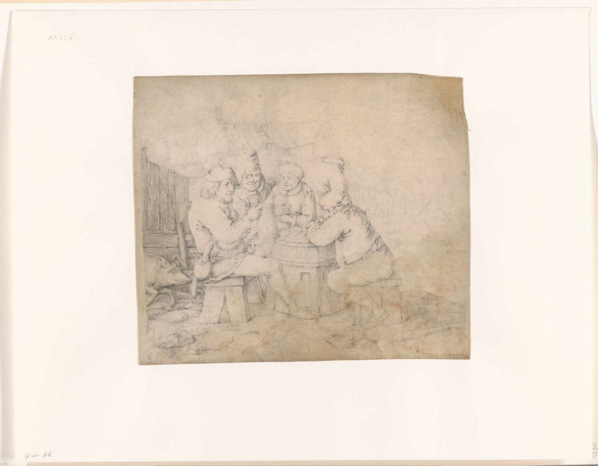 Company of peasants seated around a barrel, Cornelis Moninckx, 1633 - 1666