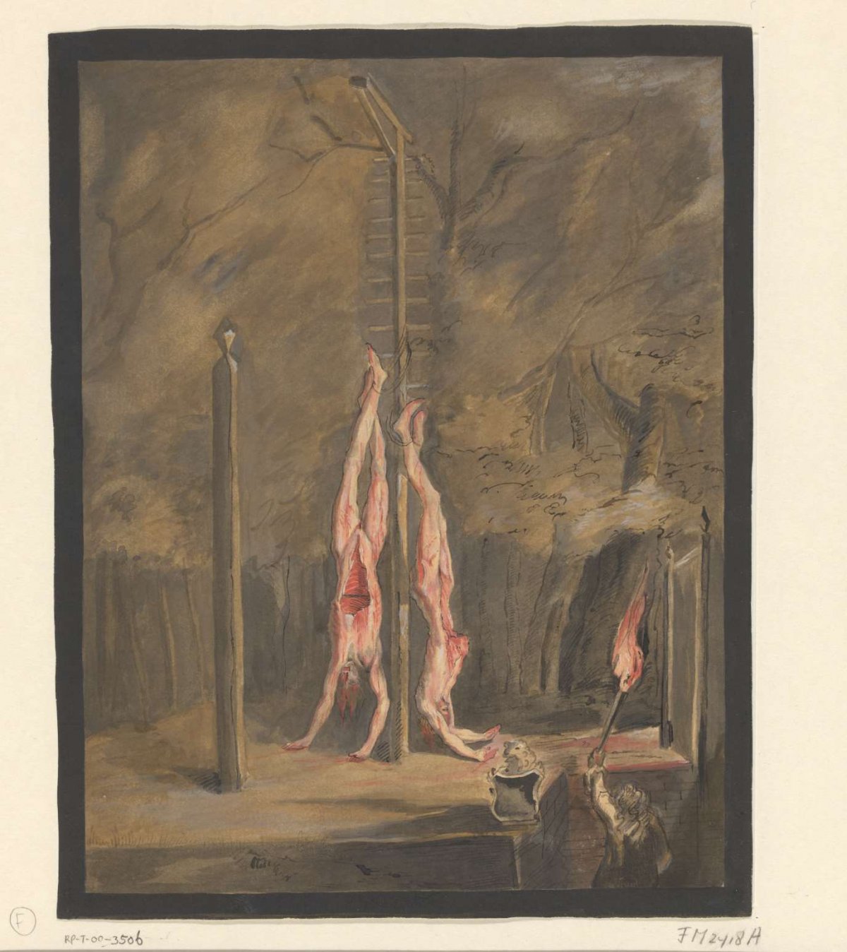 Night scene with the mutilated bodies of the De Witt brothers on the gallows, anonymous, 1672