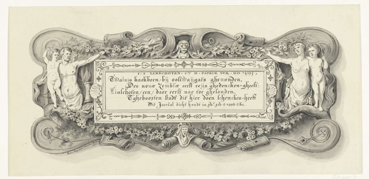 Plaque with verse on the whalebone of Jan Huygen van Linschoten in the City Hall of Haarlem, 1596, Pieter van Looy, 1879