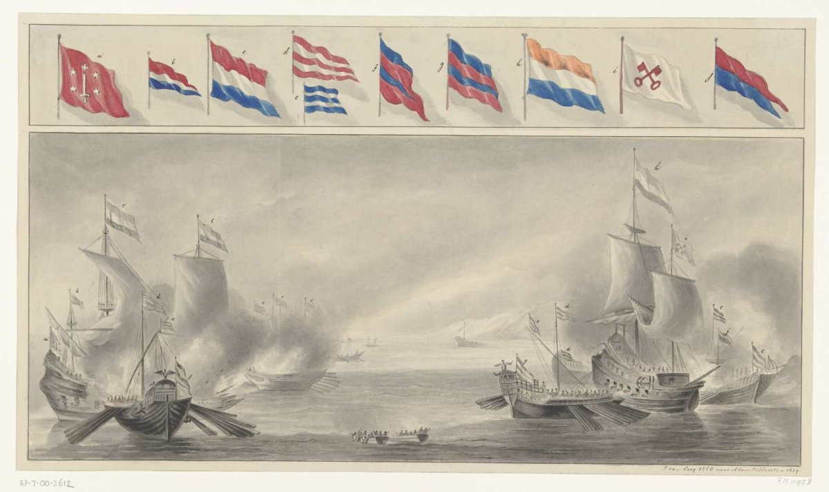 Naval battle between Dutch ships and Spanish galleys, 1602 or 1603, Pieter van Looy, 1880