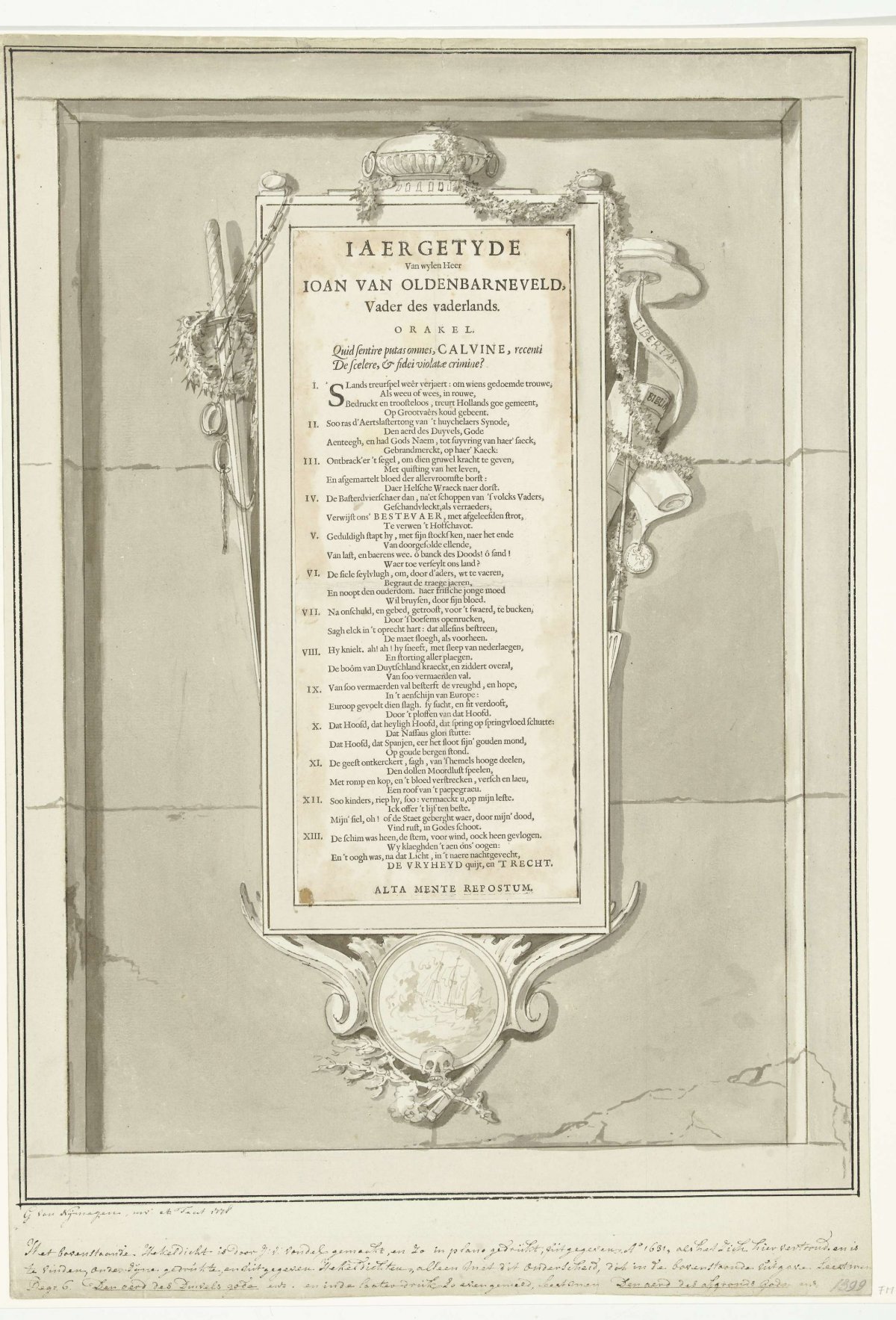 Poem in honor of Johan van Oldenbarnevelt in allegorical frame, 1619, Gerard van Nijmegen, 1778