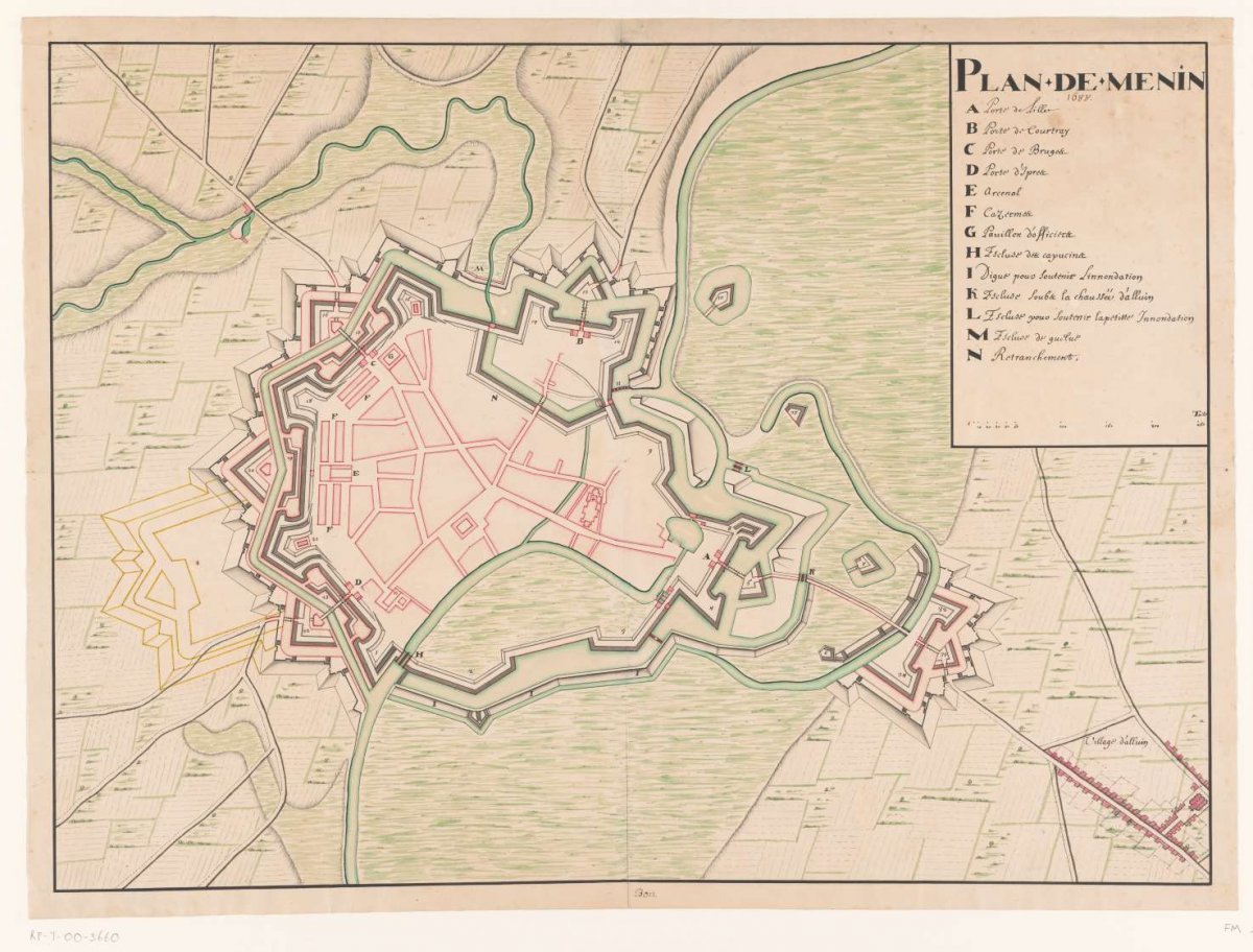 Drawn map of Menin, 1688, anonymous, 1688