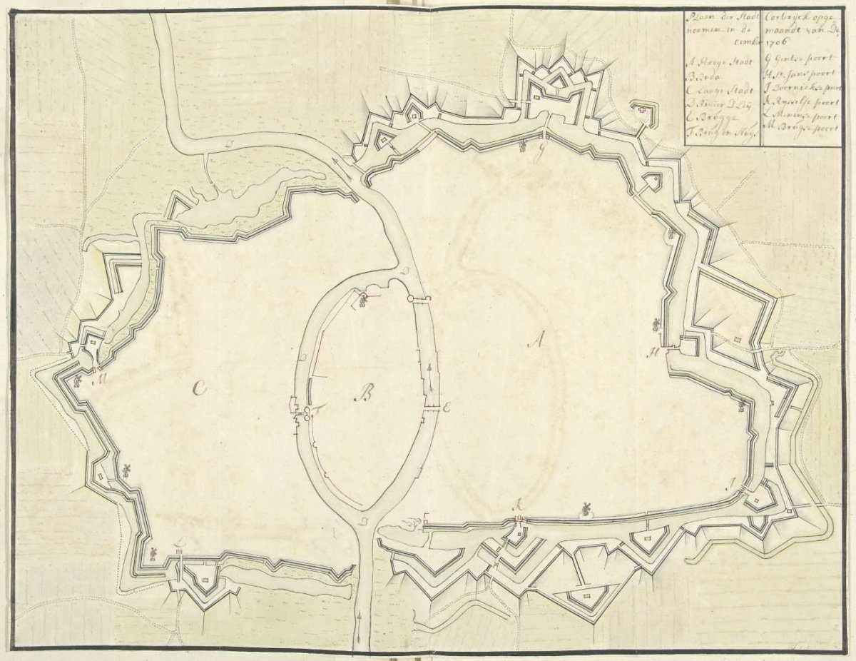 Map of Kortrijk, 1706, Samuel Du Ry de Champdoré, 1706