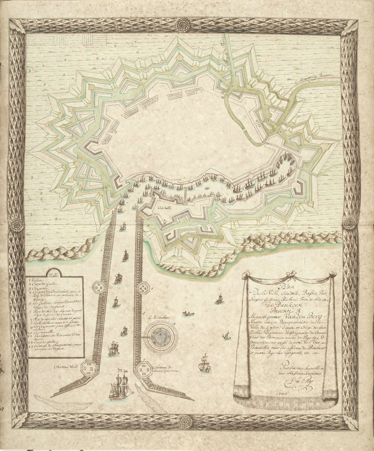Map of Dunkirk, 1706, Samuel Du Ry de Champdoré, 1706