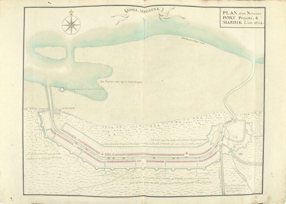 Map of the canal planned in 1654 between Fort Mardijk and Dunkirk, Samuel Du Ry de Champdoré, 1701 - 1715