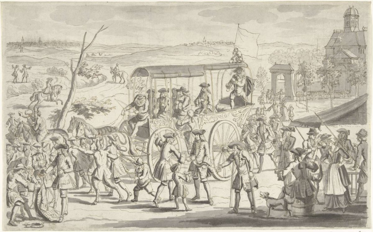 Design drawing for the print of the Actionists en route to Vianen, 1720, anonymous, 1720