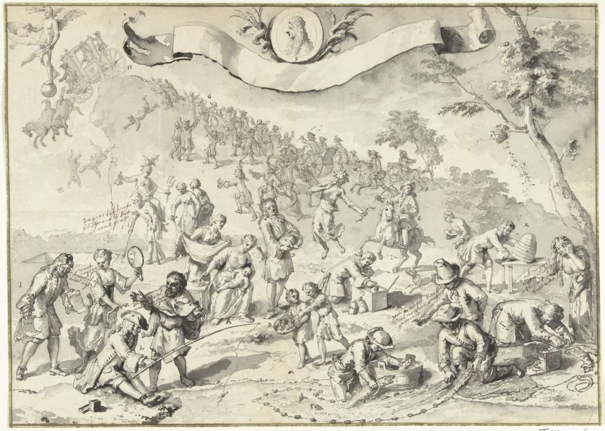 Design drawing for the print Greed tries to overtake Fortuna, 1720, anonymous, 1720
