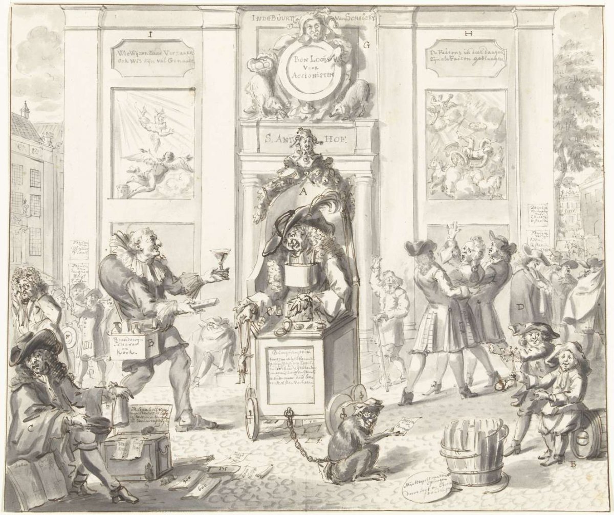 John Law in a ringing chair in front of the Lazarus House, 1720, anonymous, 1720