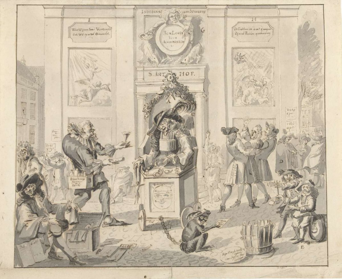 John Law in a ringing chair in front of the Lazarus House, 1720, anonymous, 1720