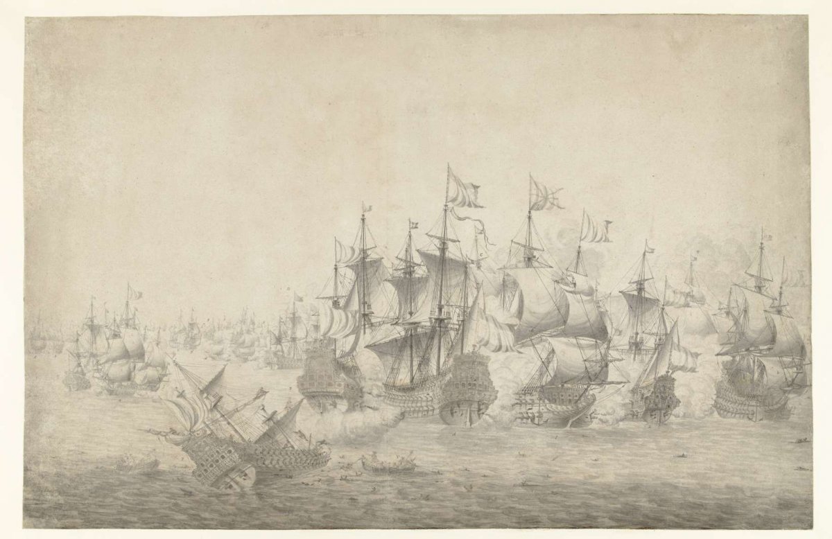 A naval battle, possibly at Lowestoft on June 13, 1665 (left page), Jan Abrahamsz. Beerstraten, 1665