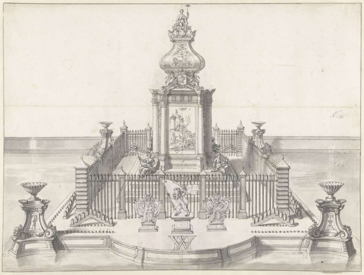 Staging for the fireworks at the celebration of the Treaty of Utrecht, 1713, Bernard Picart, 1713