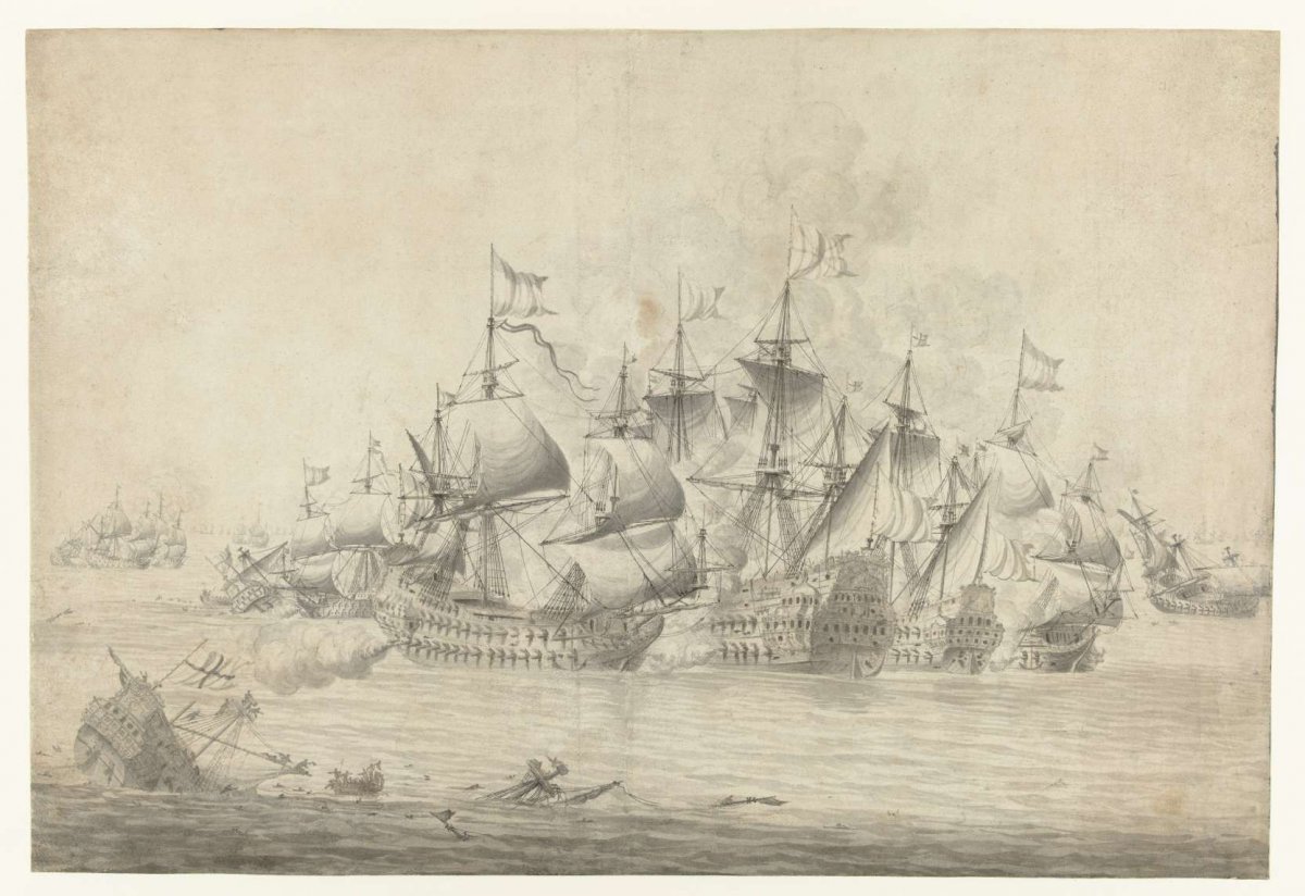 A naval battle, possibly at Lowestoft on June 13, 1665 (right page), Jan Abrahamsz. Beerstraten, 1665