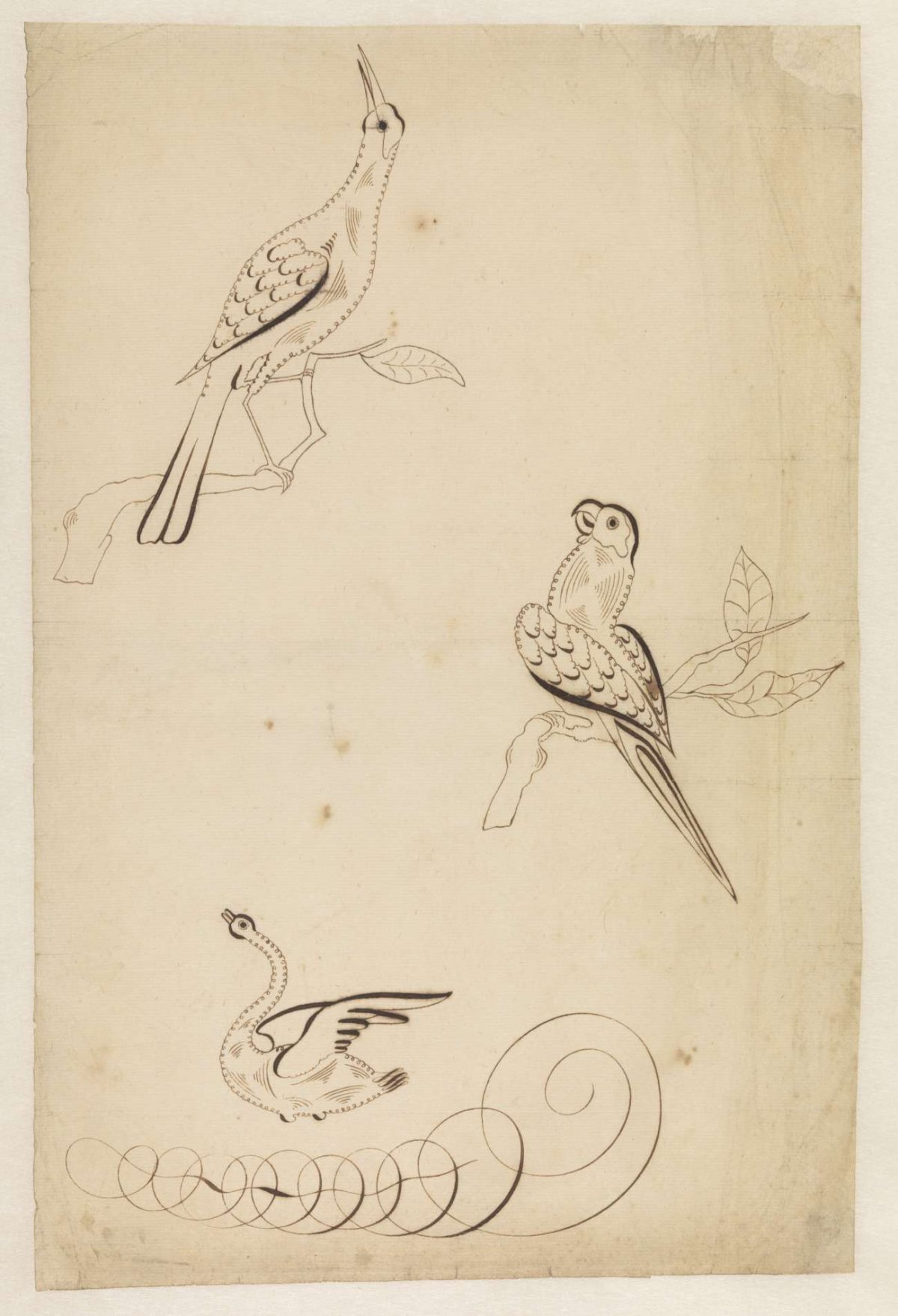 Three birds in calligraphy, anonymous, 1700 - 1799