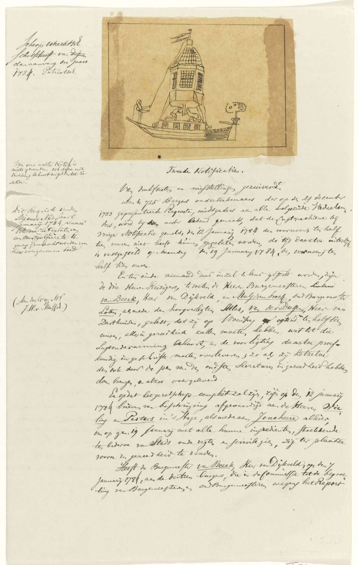 Hot air balloon in the shape of a house on a ship, 1784, anonymous, 1870 - 1877