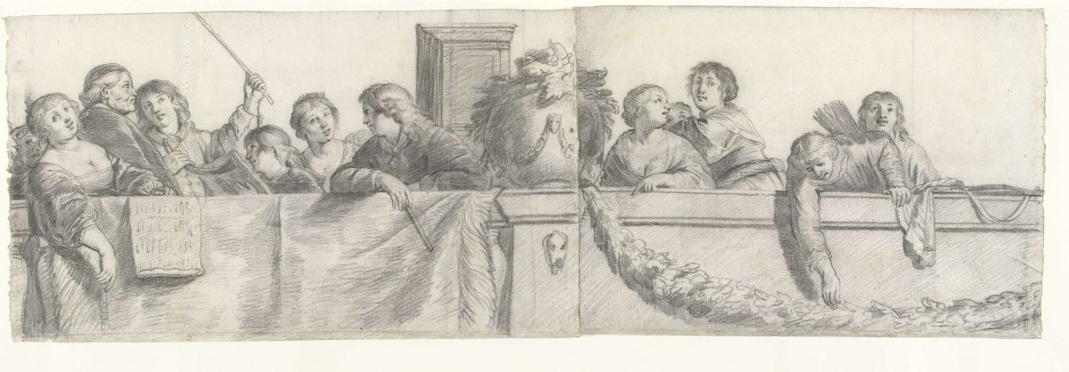 Persons on a balustrade with festoons, Cornelis Holsteyn, 1633 - 1638