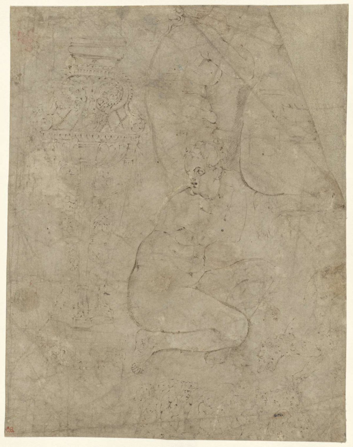 Three sketches of a nude woman, a pilaster and several other small figures, anonymous, 1480 - 1600
