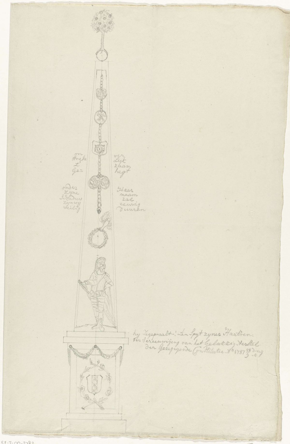 Design for a monument to the restoration of the old constitution at Amsterdam, 1787, anonymous, 1787 - 1788