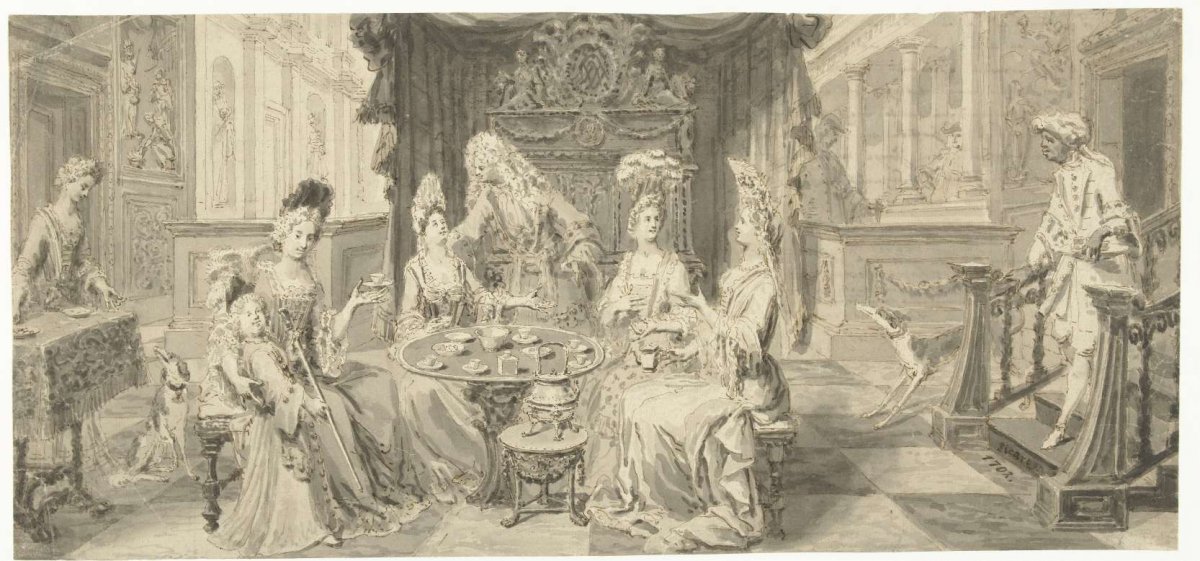 Decent company in a drawing room around the tea table, Philip Tidemann, 1667 - 1705