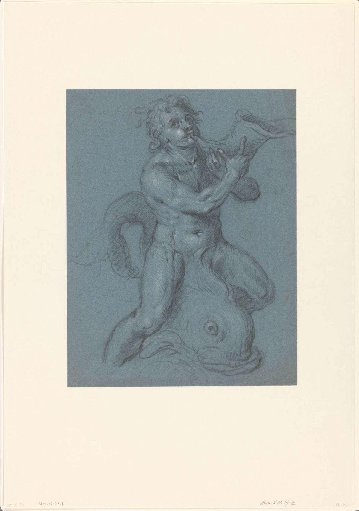 Triton blows his horn sitting on a dolphin, anonymous, 1600 - 1699
