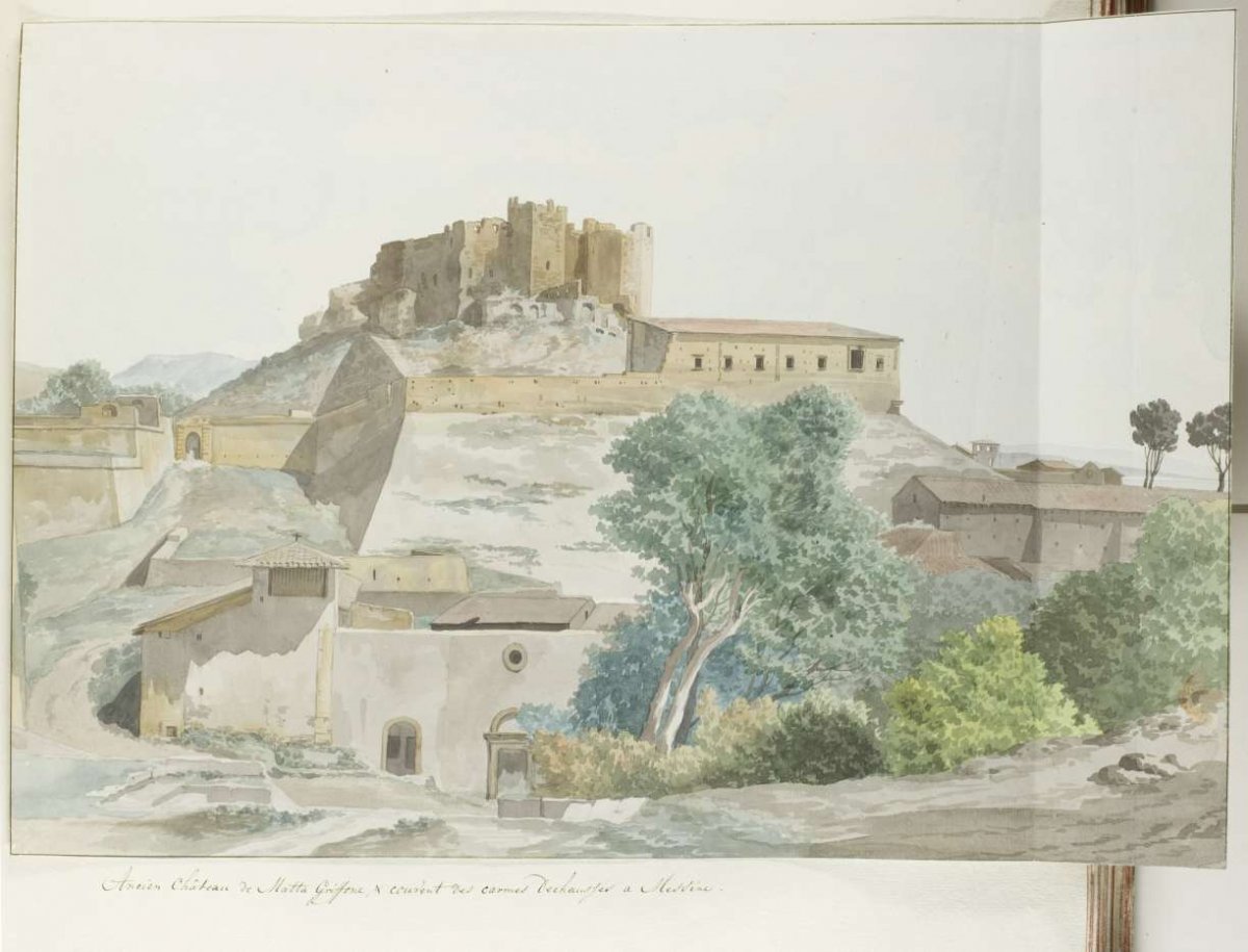 Ancient castle of Mata and Grifone and Carmelite monastery, foundations of Messina, Louis Ducros, 1778