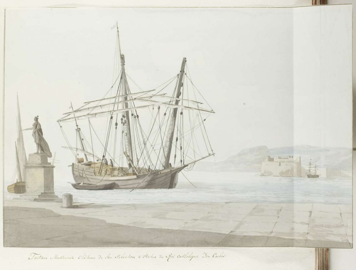 Port with ship or tartane from Messina and statue of don Carlos and in the distance the castle of San Salvatore, Louis Ducros, 1778