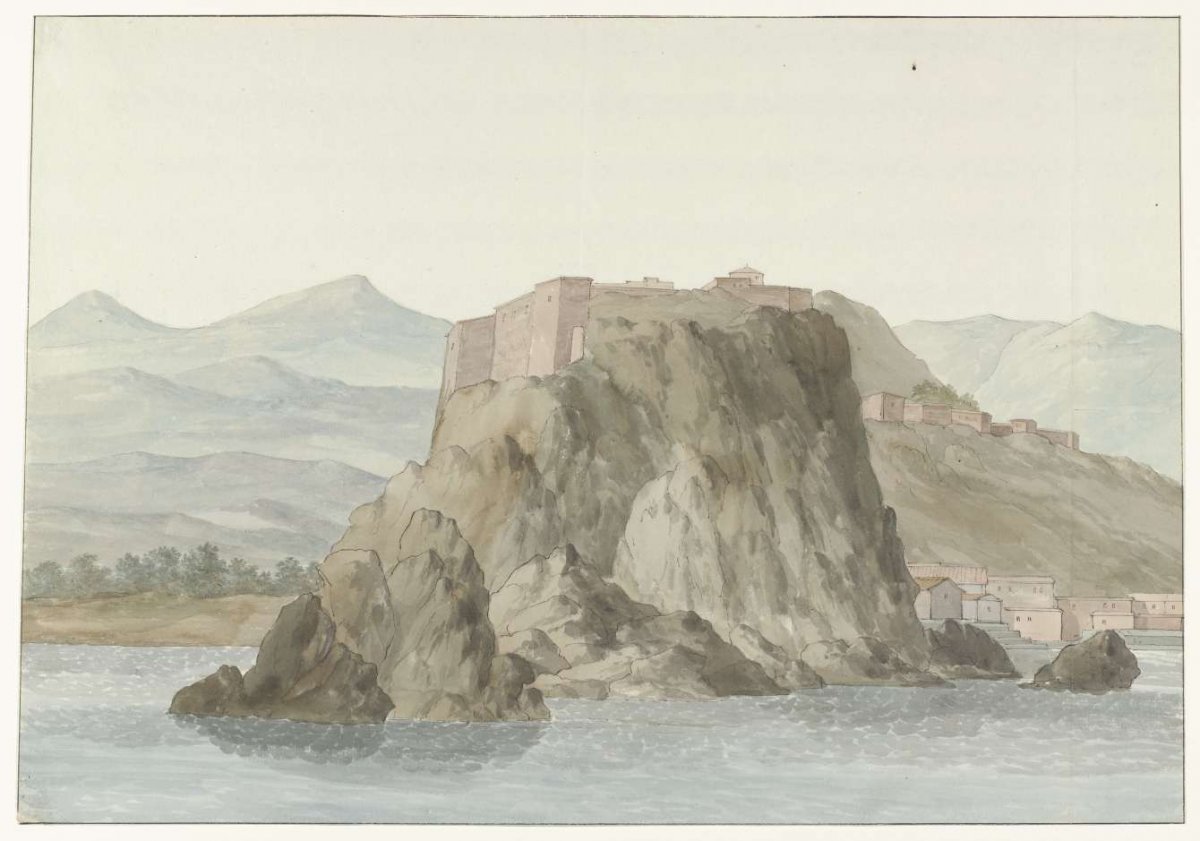 Rock and city of Scilla in the Calabria region seen from the sea on the north side, Louis Ducros, 1778