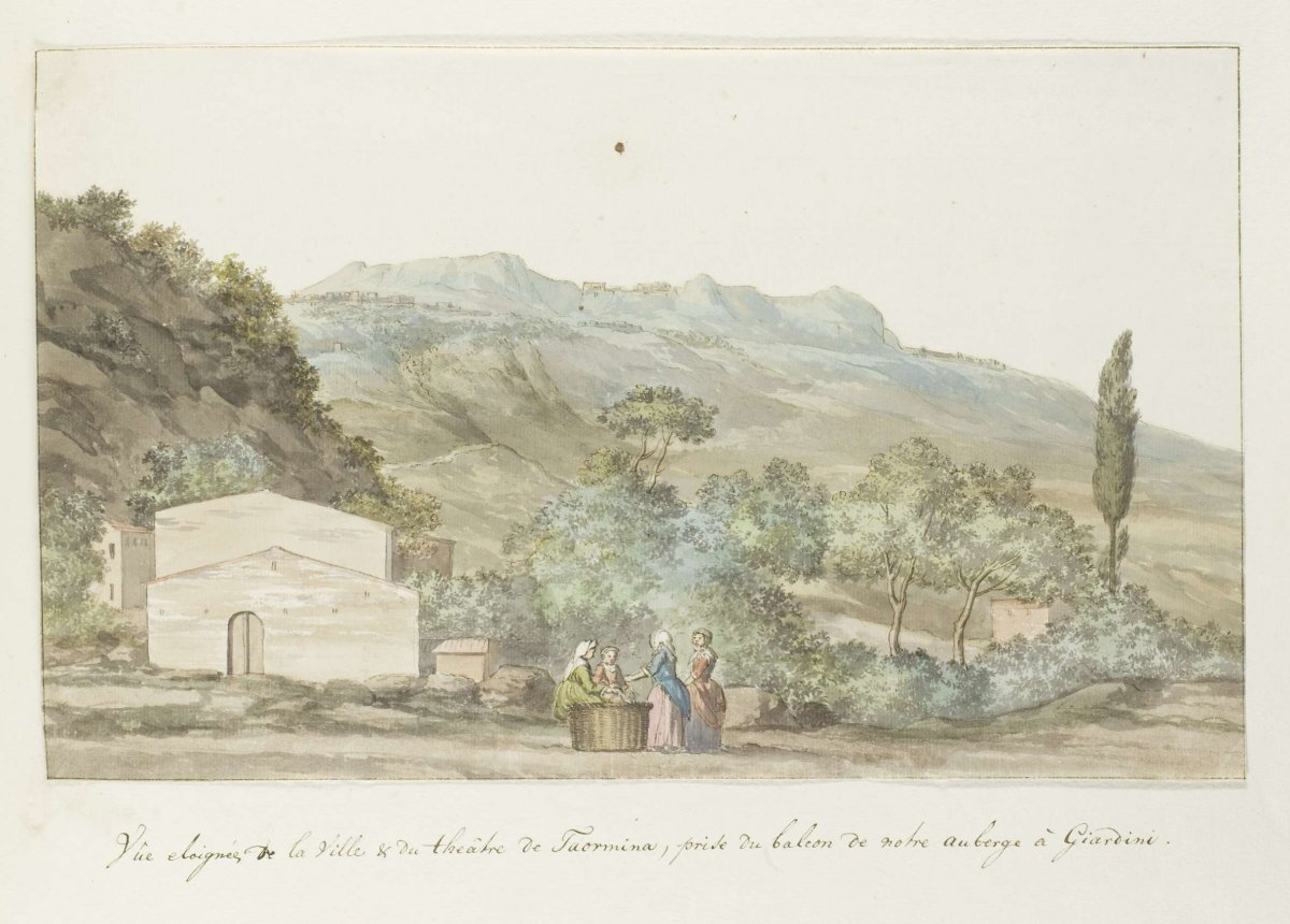 View of the city and theater of Toarmine from balcony of inn at Giardini, Louis Ducros, 1778