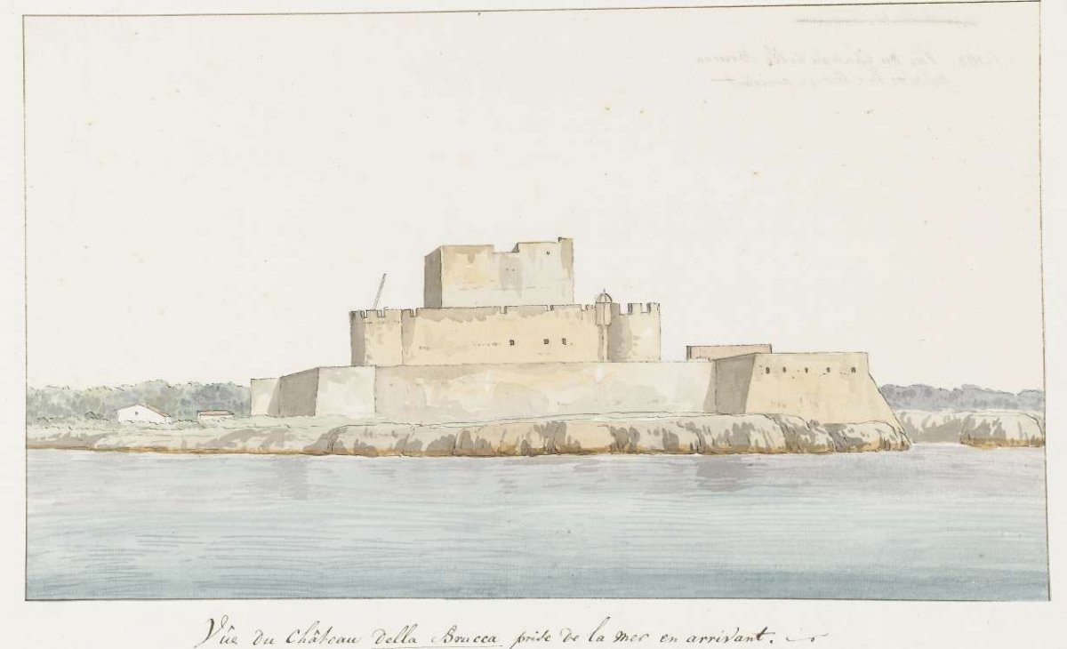 View of castle of San Mauro la Bruca from the sea upon arrival, Louis Ducros, 1778