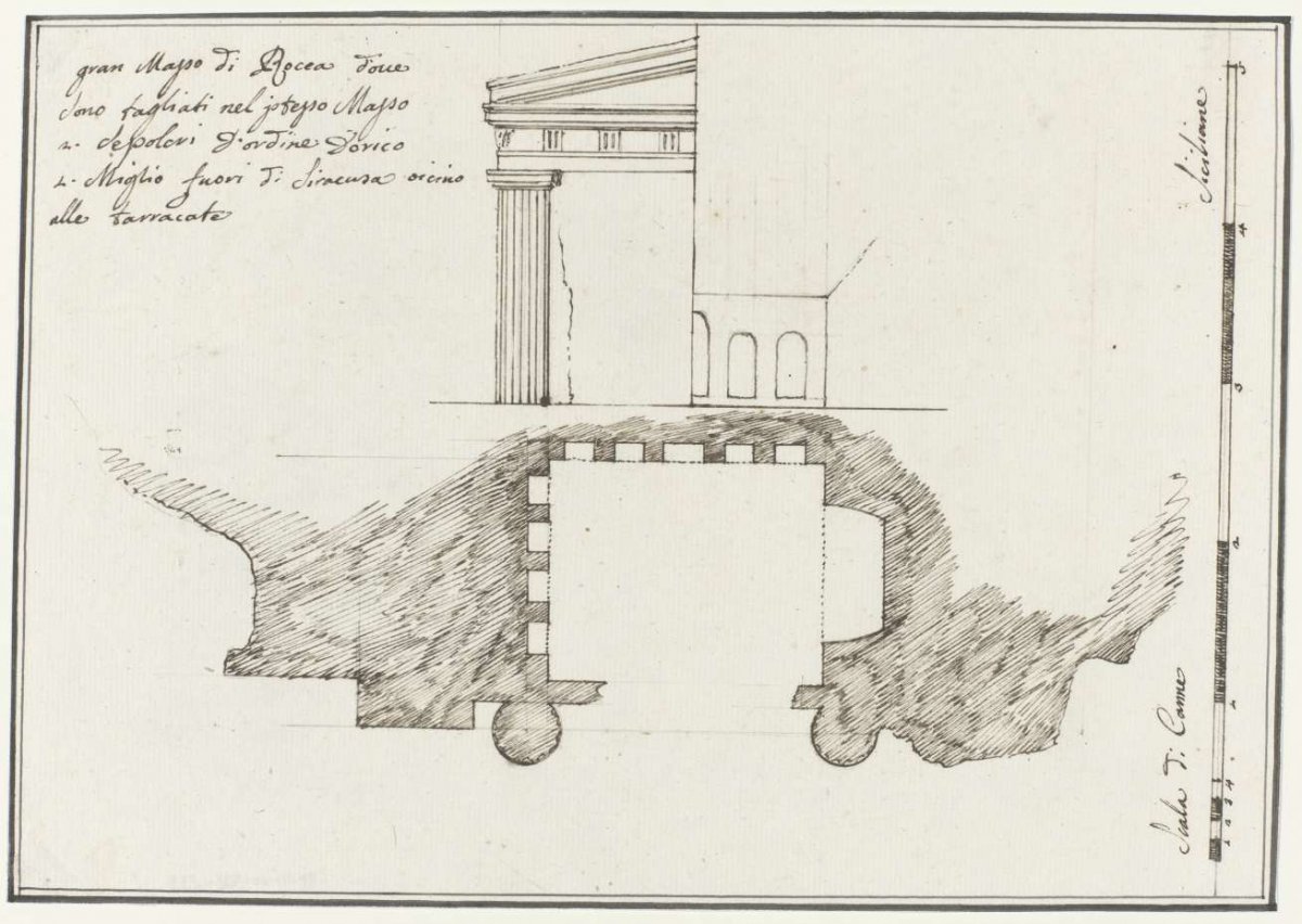 Map of tomb with Doric columns carved in rock and located 2 miles from Syracuse, Louis Mayer, 1778