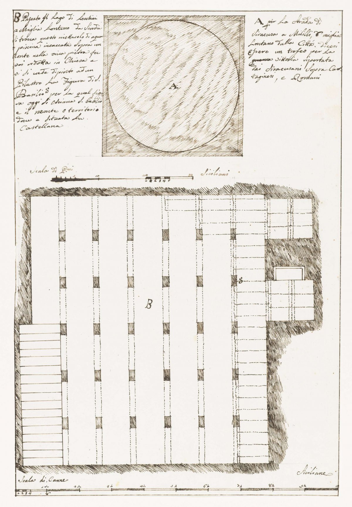 Map of water reservoir near Lac de Lentini and ruined memorial 6 miles from Syracuse, Louis Mayer, 1778