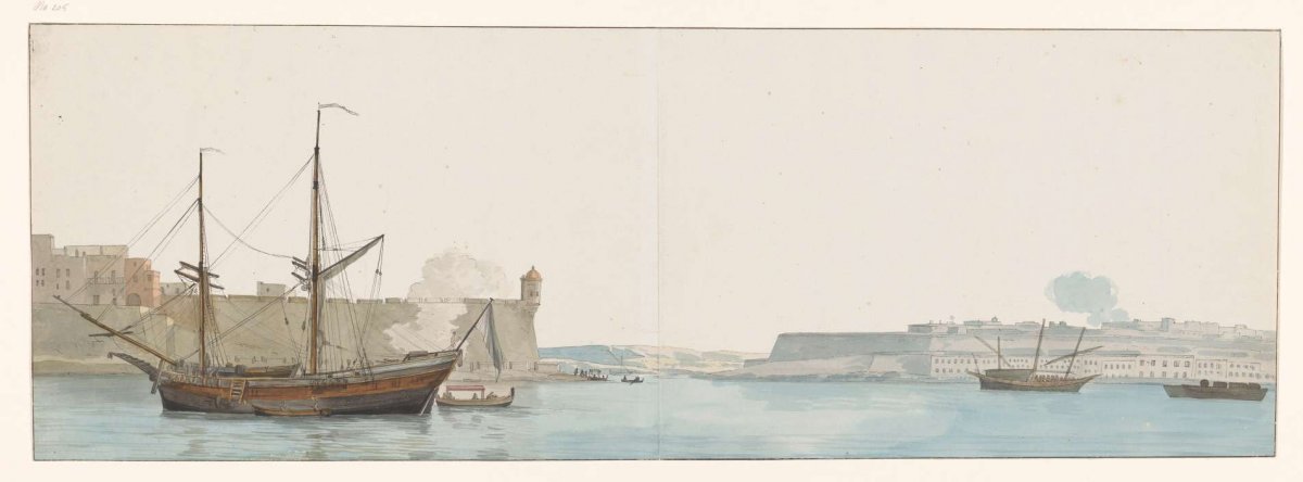 View of Castel Sant'Angelo in harbor of galley ships in Malta, Louis Ducros, 1778