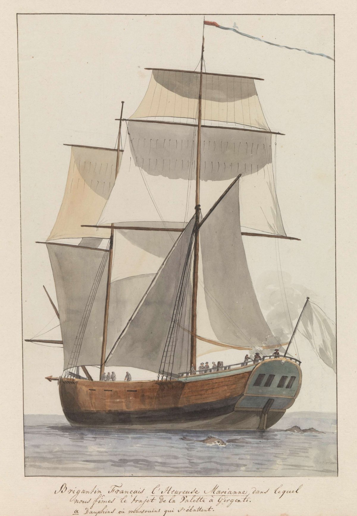 French brigantine ship l'Heureuse Marianne on which the tour company sailed from Valette to Agrigento, Louis Ducros, 1778