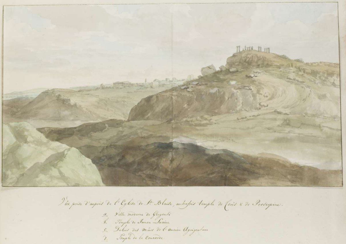 View near the church of Saint Blasius, built on remains temple of Demeter, at Agrigento, Louis Ducros, 1778