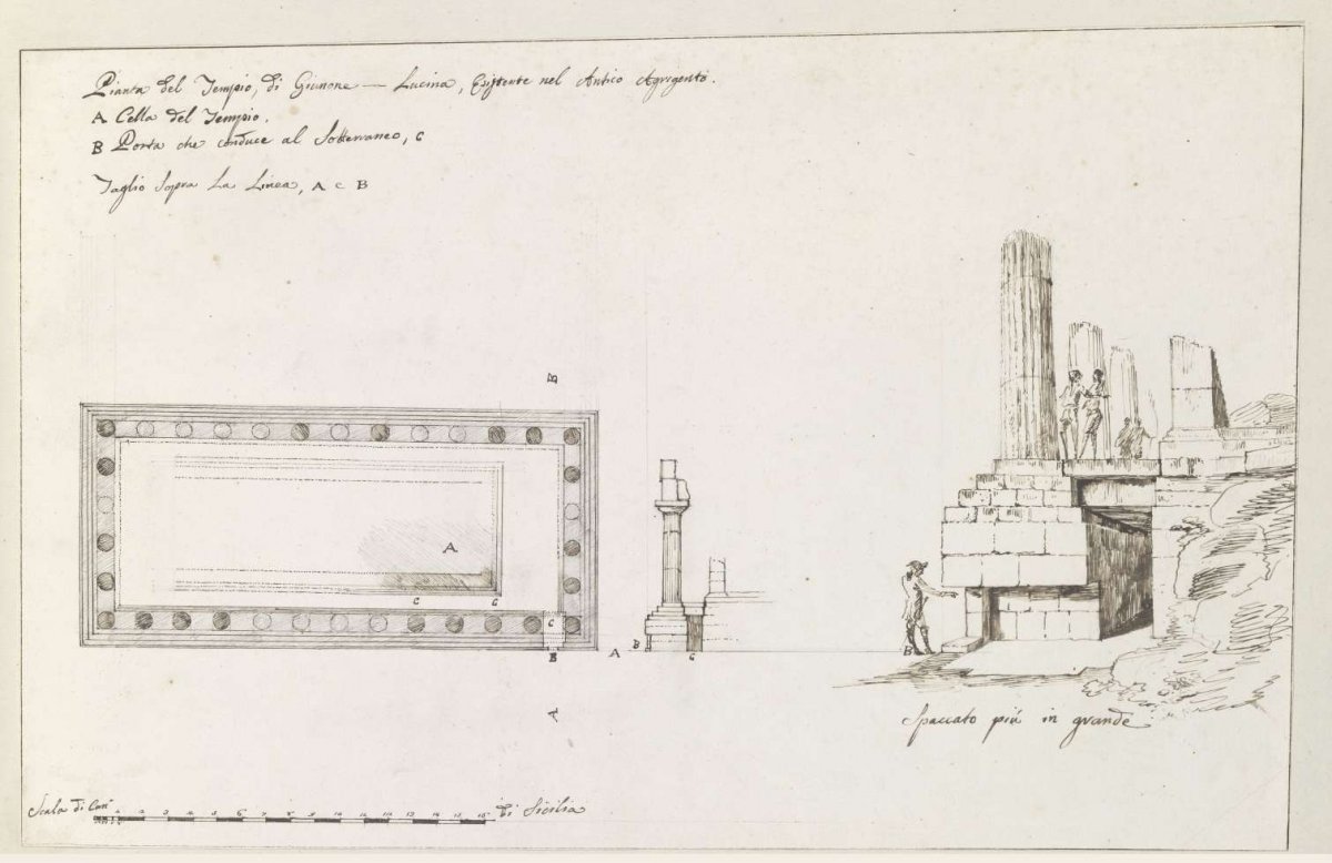 Plan and elevation of Juno Lucina temple in ancient Agrigento, Louis Mayer, 1778