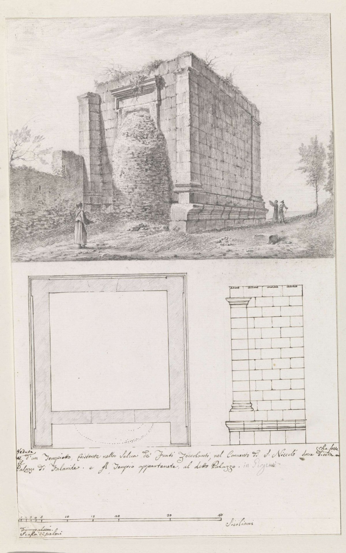 Small temple, possibly Oratorio di Falaride, on site where legend says palace of tyrant Phalaris once stood, with floor plan and upstanding, Louis Mayer, 1778
