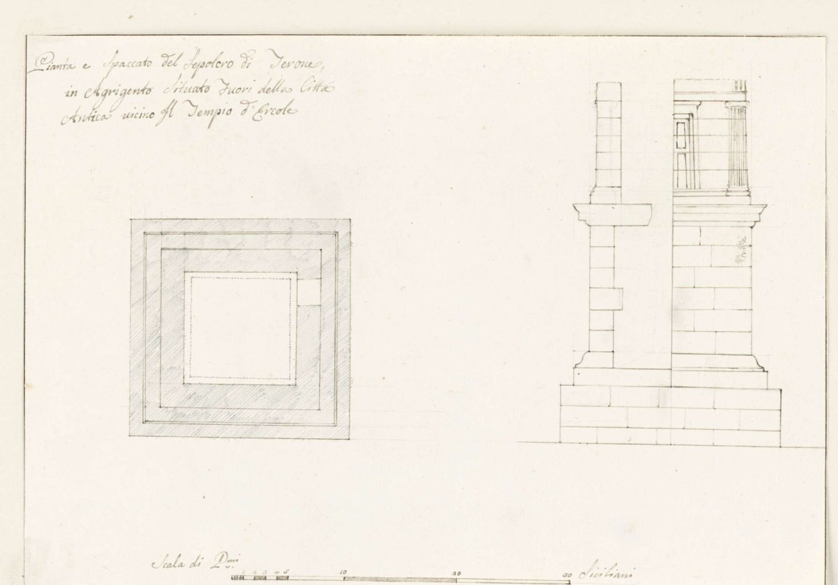 Plan and elevation of tomb of Theron near Hercules temple in ancient Agrigento, Louis Mayer, 1778