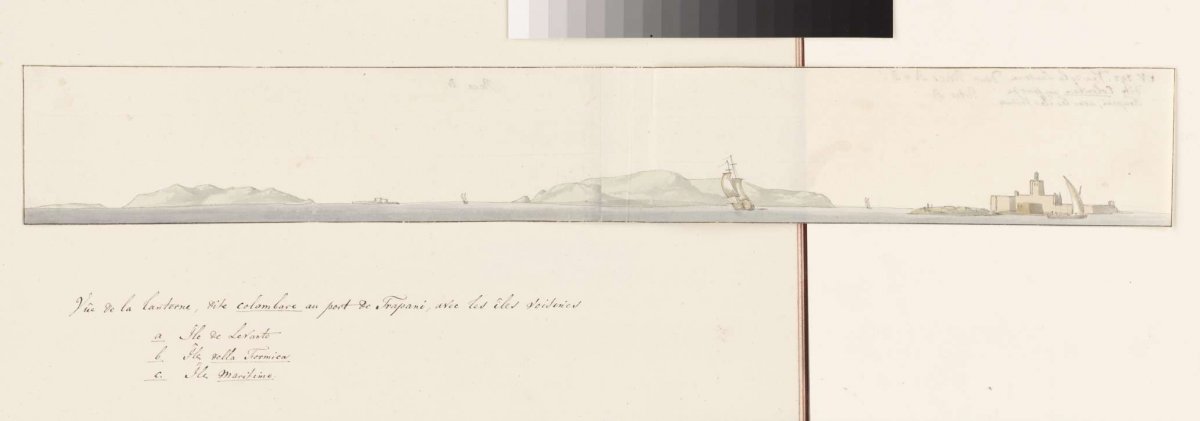 View of lighthouse called Colobaro near port of Trapani with islands, Louis Ducros, 1778