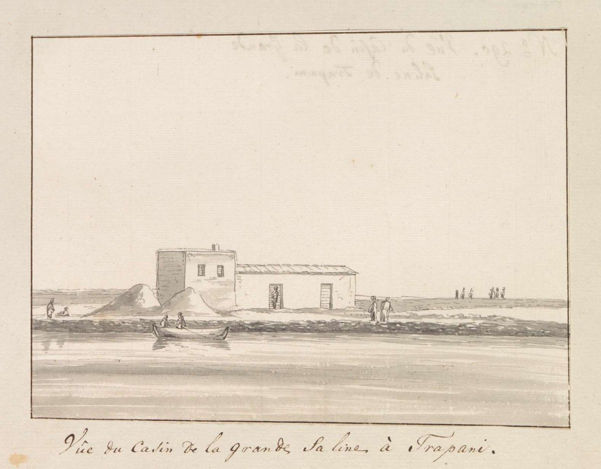 View of salt shack near large salt pan at Trapani, Louis Ducros, 1778