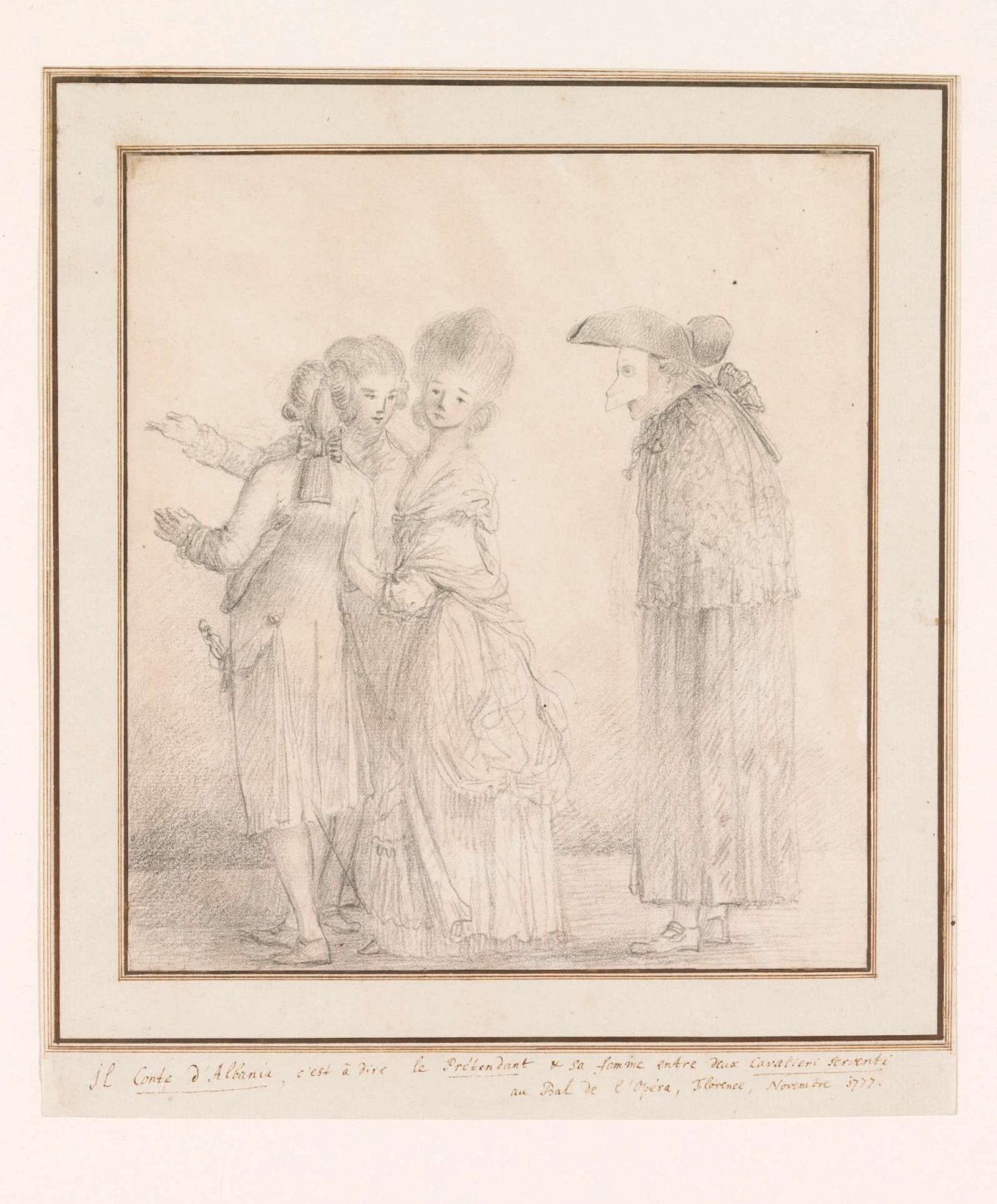 Count of Albania and his wife at the arms of two attendants before the Bal de l'Opera in Florence, anonymous, 1777