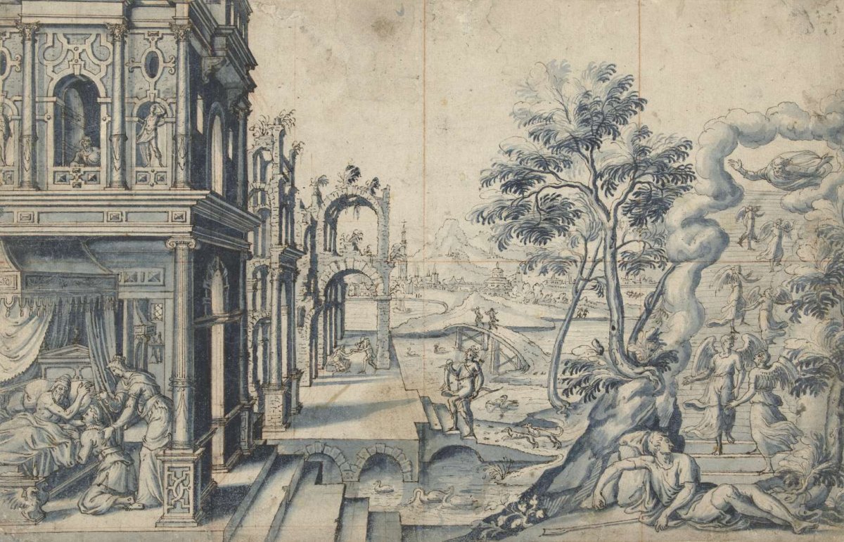 Jacob receives the blessing of Isaac; Jacob's ladder, Cornelis Floris (II), 1524 - 1575