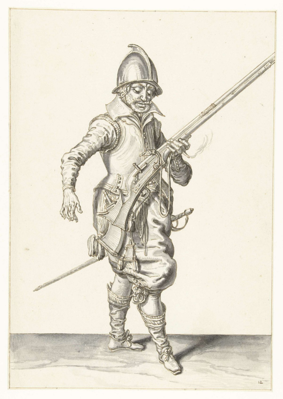 Soldier holding his helm with his left hand angled upward, Jacques de Gheyn (II), 1596 - 1606
