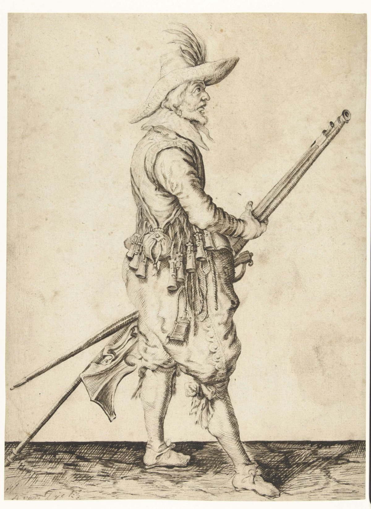 Soldier holding his musket with both hands by his left thigh, anonymous, 1607 - 1699