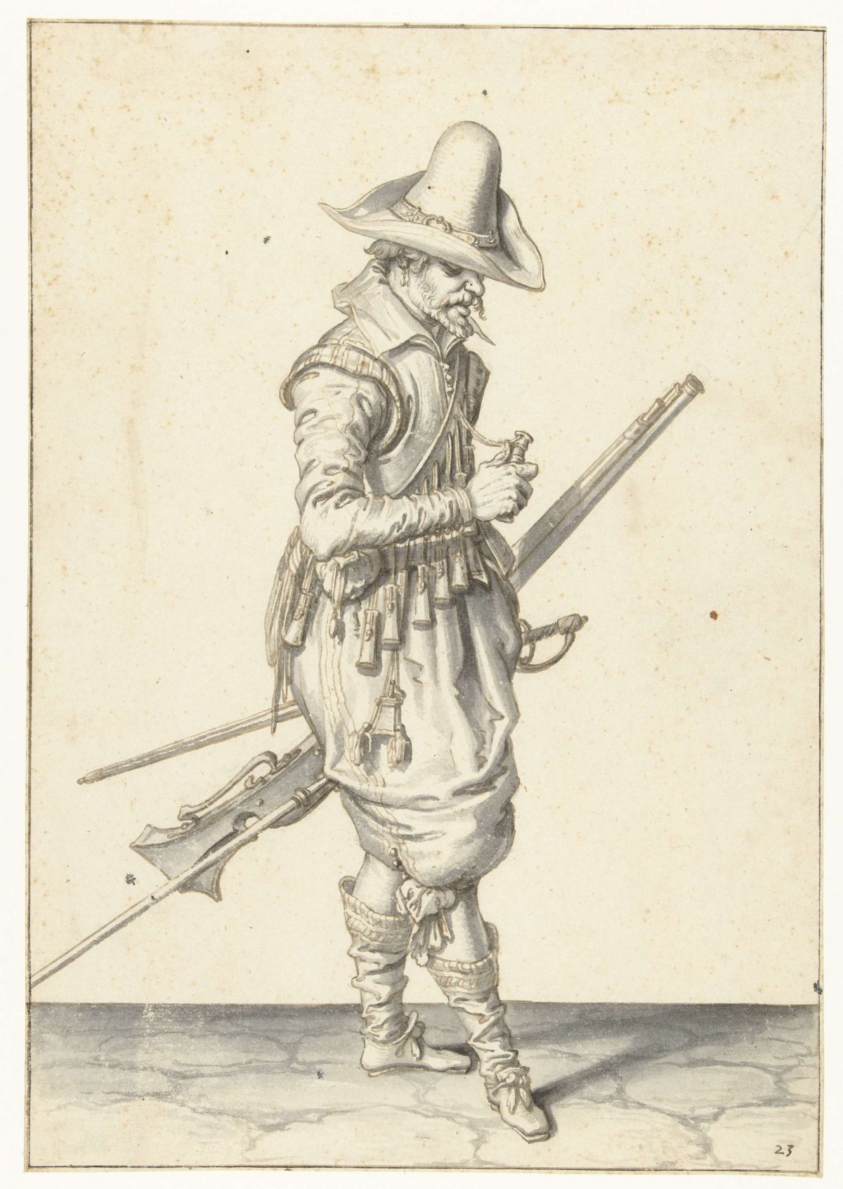 Soldier with a musket opening a powder measure, Jacques de Gheyn (II), 1596 - 1606