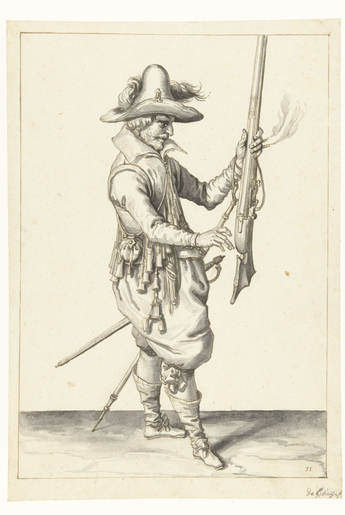 Soldier holding his musket upright with his left hand, Jacques de Gheyn (II), 1596 - 1606