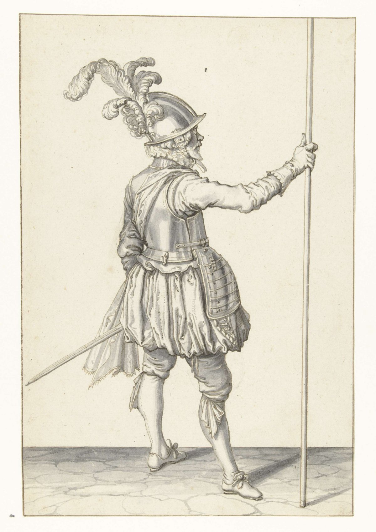 Soldier, seen from behind, holding his spear upright with his right hand, Jacques de Gheyn (II), 1596 - 1606